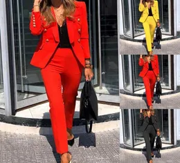 Twopece Casual Suit Fashion Women Solid Kolor Button Długie rękawy Spodnie Panie Business5943927