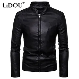 2023 Autumn Winter Solid Color Fashion Long Sleeve Faux Leather Man High Street Round Neck Zipper Pockets Allmatch Coat 240223