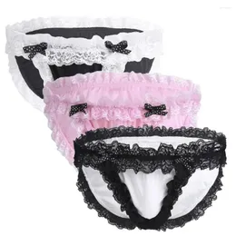 Underbyxor män underkläder underkläder sissy trosor sexiga män kort söt satin glänsande ruffles spets bowknot knicker stretchy manliga trosor#d