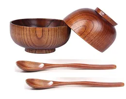 4Piecesset Wooden Handmade Bowl and Spoon for for Rice Miso Serving Home Kitchen Tableware9124358