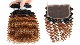 1B 27 Deep Wave Ombre Human Hair Bhind with Lace Closure 2 톤 컬러 금발 브라질 버진 곱슬 옴프 직조 4x4 Top 4893912