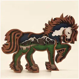 Other Home Decor 3D Laser Cut Horse Craft Wood Material Home Decor Gift Art Crafts Wild Forest Animal Table Decoration Statues Ornamen Dhhgo