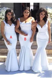 White Mermaid Long Bridesmaid Dresses Spaghetti Straps Pleats Floor Length Maid of Honor Wedding Guest Party Gowns