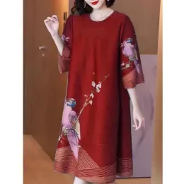 Dress Women's Clothing Chinese Style Retro Print Elegant Party Dreeses Spring Summer Round Neck Half Sleeve Loose Midi Dress Vestidos