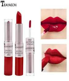 Teayason Håll 24 timmar Doublehead Sexig Red Matte Lipgloss Liquid Lipstick Matte Långvarig vattentät skönhet Kosmetiska verktyg2980061