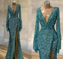 Glitter Sequins Blue Mermaid Prom Dresses Long Sleeves Sexy Deep V Neck Front Slit Party Night Vestidos De Novia African Women Formal Evening Gowns Plus Size estidos