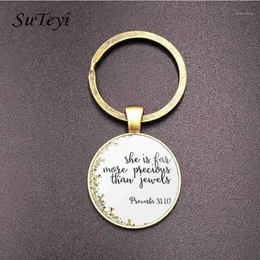 Suteyi Vintage Bronze Christian Bible Key Chain Holder Charms 성경 시편 유리 및 꽃 그림 키 체인 남성 여성 선물 12228t