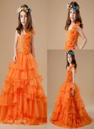 Söt orange färgflicka039S -tävlingsklänning Princess Ball Gown Party Cupcake Prom Dress for Short Girl Pretty Dress for Little Ki6590515