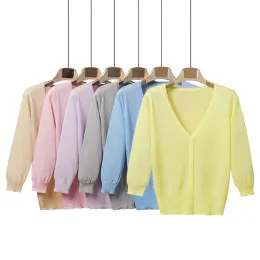 Cardigan Queechalle 20 colori Cardigan lavorato a maglia sottile Cappotto cardigan con scollo a V trasparente da donna Top casual solido femminile Capispalla in seta di ghiaccio