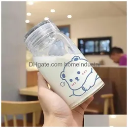 Water Bottles 450Ml Cartoon Bear Glass Water Bottle Thick Heat Resistance Drinking Bottles Cute Milk Coffee Tumblers For Student Girl Dheit