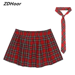 rock Frauen Schulmädchen Rollenspiel Kostüm Kostüm Ball Outfit Reißverschluss Plaid Falten Minirock + Krawatte Set Sexy Cosplay Uniform