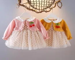 Girl039s klänningar småbarn baby flicka falska två stycken klänningar söt mesh prinsessan kjol född longsleeved barn avslappnad outfit clot3555044