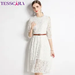 드레스 테스카라 여자 여름 우아한 흰색 레이스 드레스 고품질 웨딩 칵테일 파티 로브 빈티지 디자이너 사무실 레이디 멍청이