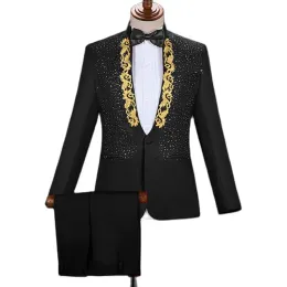 Suits Gold Embroidery Suit Men Stand Collar Diamond Mens Blazer With Pants Wedding Groom Tuxedo Suits Stage Singer Party Costume Homme