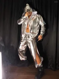 Stage Wear Silver Red PU Leather Hooded Jacket Hollow Men Singer Dancer Performance Costume Out Pant 2 Piece Set Hip Hop Bomber Suit