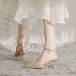 Hot Fairy Style Sandal Exquisite High Heel Shoes Summer Sandal Women Thin Pointed Baotou Silver Straight Line Sandaler Womens 240228