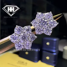 Hiphop Flower Stud Earrings Screwbacks 925 Silver 2.44 Carat Round Brilliant Cut Iced Out Moissanite Diamond