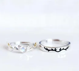 Sole Memory Moonstone Antlers Couple Cute 925 Sterling Silver Female Resizable Opening Rings Sri597 Q07081267620