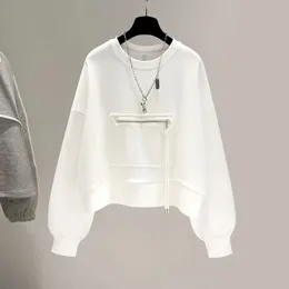 Осенний короткий свитшот с круглым вырезом, повседневная футболка с длинными рукавами, 2023, корейский свободный пуловер с нашивкой-молнией, трендовые топы 240223