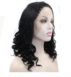 Caixa preta trançada perucas para mulheres africanas fibra resistente ao calor peruca dianteira do laço sintético 1b natural tranças curtas perucas meia mão tie3383378
