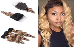 Raízes escuras 1B 27 cabelo tece com fecho de renda cor loira ombre 1B 27 fechamento em dois tons com cabelo ondulado solto 3 pacotes2425977