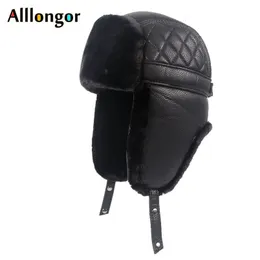 Hohe Qualität 2019 Winter Leder Pilot Cap Faxu Pelz russische Uschanka Hüte Earflap Bomber Hut Männer Schwarz Schnee Hüte T191022185l