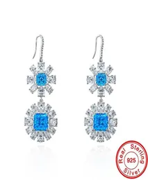 Charm Flower Aquamarine Elmas Küpeler 100 Gerçek 925 STERLING Silver Party Düğün Damla Dangle Küpeler Kadın Mücevher Hediye6497944