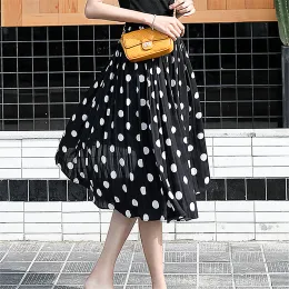 rock Makuluya NEUE Sommer Frühling Frauen Chiffon Polka Rock Weibliche Schwarze Punkte Elastische Taille Gefaltete Strand ALine Plus Größe L6