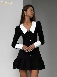 فستان Clacive Fashion Slim Black Women's Dress Elegant Long Sleeve Office Mini Dresses Vintage Classic Patchwork Female Dress