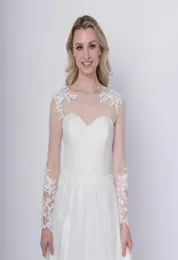 Elegant White Lace Long Sleeves Wedding Bolero Wrap Appliques Custom Made Cheap Bridal Jacket Cape Jewel Neck8426968