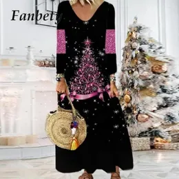 Vestidos casuais inverno simples solto maxi vestido elegante manga longa v-pescoço pulôver mulheres retalhos impresso festa de natal