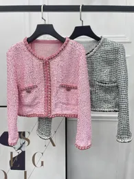 Giacche da donna Cappotto corto a filatura grossa con collo rotondo lavorato a maglia con paillettes rosa per l'industria pesante