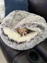 Uspokajające łóżka dla psa łóżko jaskiniowe z okładką z kapturem, zdejmowane okrągłe łóżka dla małych średnich zwierząt, przeciwpoślizgowe futro puszyste łóżko dla ulepszonego snu