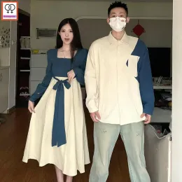 Dress Matching Couple Clothes Outfit Male Female Lovers Holiday Valentine's Date Honeymoon New Year Christmas Vintage Shirt Dress