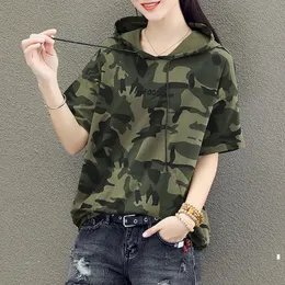 Женская футболка с капюшоном, камуфляжная хлопковая футболка с короткими рукавами, летние топы в корейском стиле, свободная тонкая униформа для студентов 240322