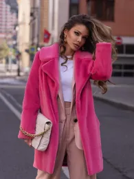 Giacca in pelliccia con colletto in peluche Giacca autunno inverno medio lungo in pelliccia sintetica Giacca soffice da donna Cappotto elegante Capispalla casual rosso rosa