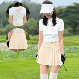 Dresses DK Women Sunscreen Golf Shirt Quick Dry Short Sleeve Tops with Bowknot Ladies Pleated High Waist Golf Skirt Slim Skort Sportwear