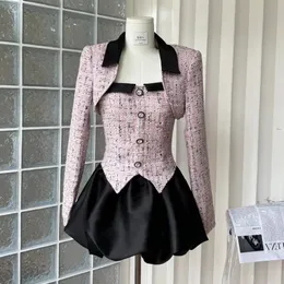 Moda mały zapach Tweed Dwukierunowy zestaw jesienny zima krótka kurtka sukienka garnitury Koreańskie słodkie 2 -częściowe zestawy damskie 240223