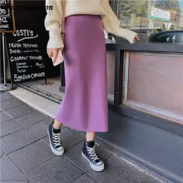 skirt High Elastic Waist Women Long Skirt Knitted Pencil Skirt Wool Autumn Split Skirts Female Black Winter Solid Knitting Onestep