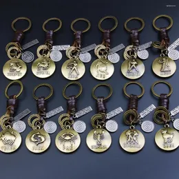 Keychains mdnen 12st/set tolv konstellationer äkta läder nyckelkedjor väska biltillbehör legering ringer k0054