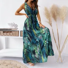 Vestido feminino de verão, vestido longo, moda nova, estampa floral, decote profundo, alça halter, vestido longo, banquete, casamento, convidados, férias, praia