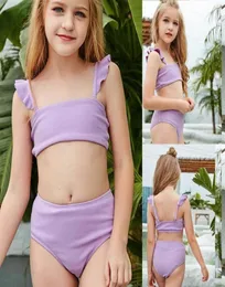 OnePieces Girls Swimwear Kids Holiday Cute Solid Ruffles Bikini Set Two Piece Swimsuit Bathing Suit Fatos De Banho 2021196e270I1572303