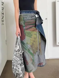 Skirt SHENGPALAE Fashion Printed Denim Skirt For Women Reversible Patchwork Zipper Straight Mid Calf Skirts Autumn 2023 New Tide R6590