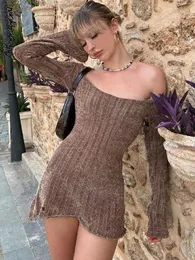 Sweater Dress Long Sleeve Dress Aesthetics Ribbed Brown Y2K Dress Fall Outfits Women Solid Bodycon Streetwear Knitted Dress 240301