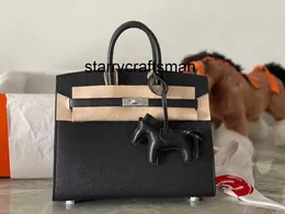 Borsa in vera pelle Borsa in filo di cera fatta a mano 25 cm Borsa da donna portatile di fascia alta in pelle di vacchetta stampa Epsom nera con fibbia in argento