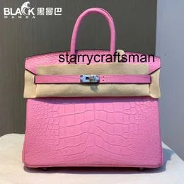 Borsa a mano in vera pelle LL Nero Mist Face Pelle di coccodrillo Rosa 25CM Borsa da donna Borsa da donna di marca di lusso fatta a mano