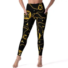 Active Pants Trend Chain Print Leggings Golden Design High midja Yoga Sexig stretch Legging Women Work Out Sport