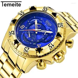 Relógios de pulso Temeite Gold Men Watch 2024 Aço Inoxidável Big Dial Quartz Impermeável Golden Masculino Relogio Masculino