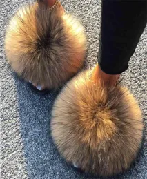 Big Fur Slides Real Raccoon tofflor Kvinnor Y Flip Flops Beach Flat Sandals Plush House Female Summer Shoes 2109141410349