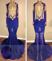 Royal Blue Gold healses Mermaid Prom Dresses Long 2019 New Ared Long Sleeve Ceyreshole Prom Dress for Black Girl Vestidos de Novia2450800